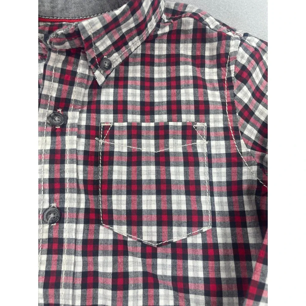 OshKosh Button Down Shirt Boys Size 6 Red White Blue Plaid Long Sleeve Cotton